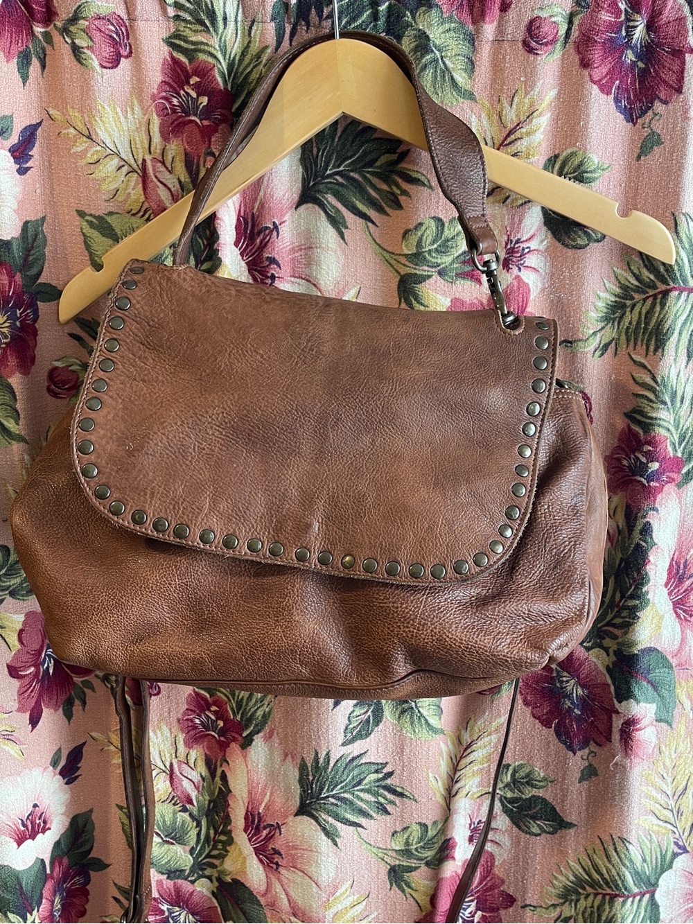 Stud-Trim Brown Leather Shoulder Bag